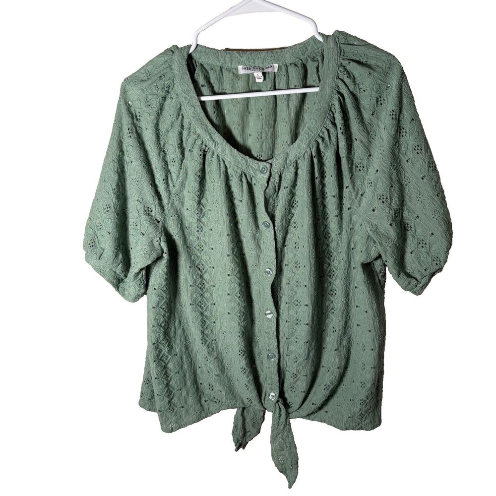 Sabrina Lauren Blouse Women's Large Green Eyelet Button Up Short Sleeve Tie
